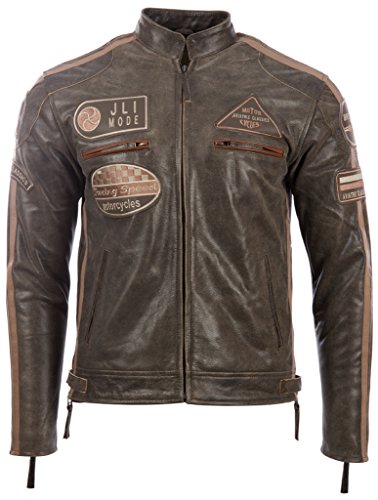 Herren echtes Leder Bikerjacke mit Bandkragen und Rennabzeichen von MDK, Marron (Desert Tan), XL von Aviatrix