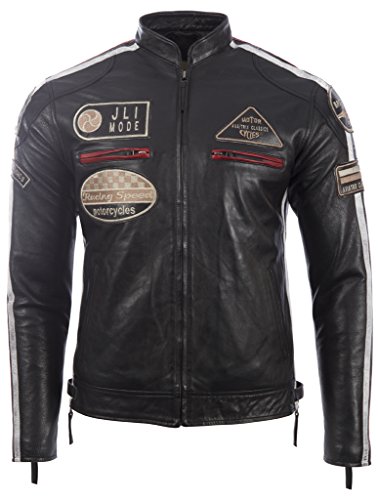 Herren echtes Leder Bikerjacke mit Bandkragen und Rennabzeichen von MDK, Schwarz, S von Aviatrix