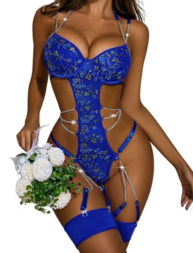 Avidlove Damen Spitze Dessous Set mit Bügel und Chocker Blumen Sexy Bodysuit mit Strumpfband Push-Up Corsage BH Unterwäsche Kette Reizwäsche Set，BlauXXL von Avidlove