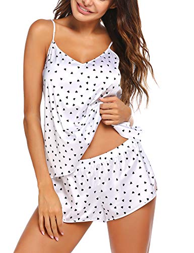 Avidlove Schlafanzug Damen Kurz Satin Pyjama Sexy Nachtwäsche Set Negligee Hausanzug Top und Short mit Seitlichen Öffnungen Einfarbig Sleepwear Weiß L von Avidlove