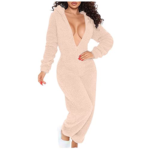 Awrvia Angebote Tages blitzangebot Jumpsuit Damen Winter Overall Teddy Fleece Einteiler Onesie Warm Elegant Schlafanzug Kuschelig Lang Pyjama Flauschig Weich Hausanzug mit Kapuze von Awrvia