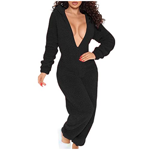 Awrvia Angebote des Tages Heute Jumpsuit Damen Winter Overall Teddy Fleece Einteiler Onesie Warm Elegant Schlafanzug Kuschelig Lang Pyjama Flauschig Weich Hausanzug mit Kapuze von Awrvia