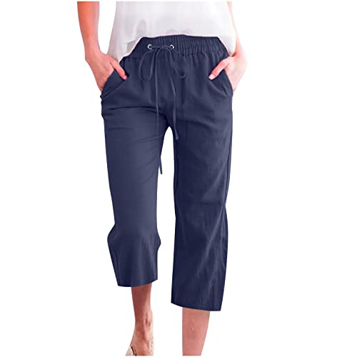 Awrvia Angebote des Tages Heute Leinenhose Damen Sommer 3/4 Sommerhose Leicht Caprihose Stretch Straight Leg Freizeithose High Waist Leinen Stoffhose Casual Baumwolle Leinen Strandhose Einfarbig von Awrvia