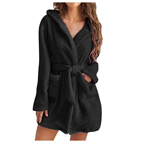 Awrvia Bademantel Damen Kapuzen Nachtwäsche Fleece Hausmantel Leicht Weich Morgenmantel Plüsch Lange Loungewear Flanell Kapuzenbademantel Microfaser Elegant Pyjamas Kuschelig Weicher Kleidung von Awrvia