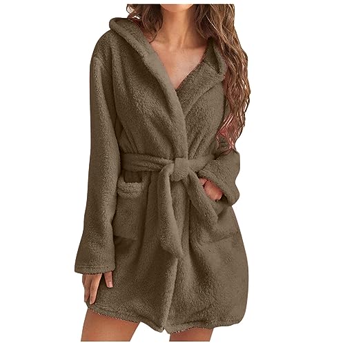 Awrvia Bademantel Damen Leicht Morgenmantel mit Taschen Reisebademantel Frottee Microfaser Saunamantel Lang Langarm Bathrobe V-Ausschnitt mit Kapuze und Gürtel Hausmantel Bequeme Pyjama von Awrvia