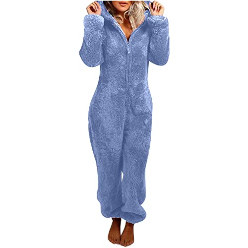 Awrvia Damen Schlafanzug Elegant Overall Einteiler Fleece Pyjama Warm Plüsch Jumpsuit Sport Nachtwäsche Y2k Zip Up Hooded mit Tasche Onesie Lässig Wärmer Homewear S-5XL Sweatshirts Herbst Winter von Awrvia