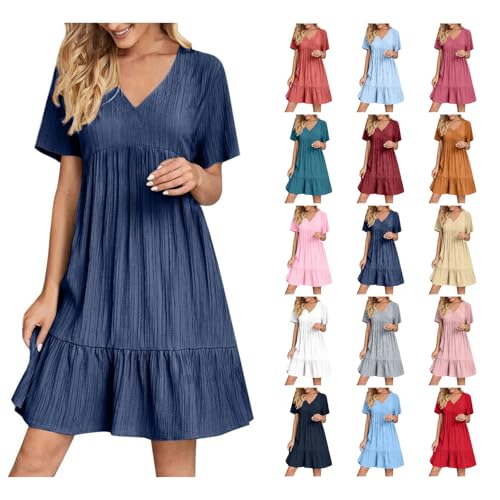 Awrvia Damen Sommer Kleider V-Ausschnitt Kurzarm Knielang Strandkleid Hohe Taille Einfarbig Freizeitkleid Musselin Lässig Casual Sommerkleider Rüschen Elegant Kleid Vintage Leicht Loungekleid Awrvia Damen Sommer Kleider V-Ausschnitt Kurzarm Knielang Strandkleid Hohe Taille Einfarbig Freizeitkleid Musselin Lässig Casual Sommerkleider Rüschen Elegant Kleid Vintage Leicht Loungekleid von Awrvia