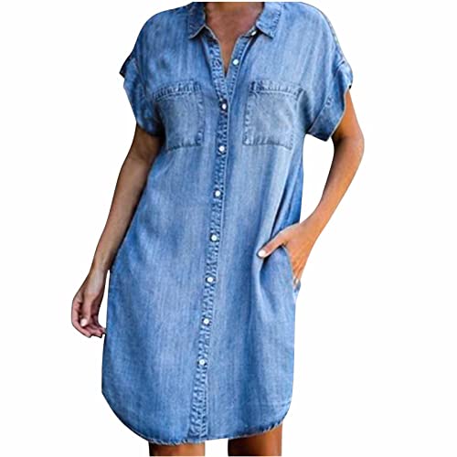 Awrvia Jeanskleid Damen Lang Hemdkleid Denim Kleid Maxi Modern Sommerkleider Locker Freizeitkleid mit Taschen Shirtkleid V-Ausschnitt GroßE GrößE Blusenkleid Sommer Vintage Tunikakleider von Awrvia