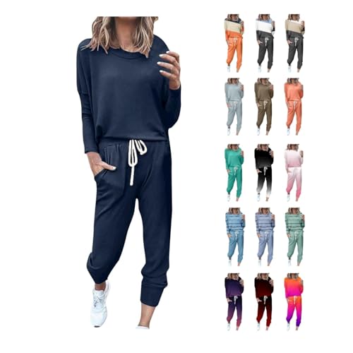 Awrvia Jogginganzug Damen Lang Set Baumwolle Modische Freizeitanzug Einfarbig Vintage Trainingsanzug Frauen Slim Sportanzug Bequemer Fitnessanzug mit Taschen Sweatshirt Oversized Hoodie Zweiteiler von Awrvia