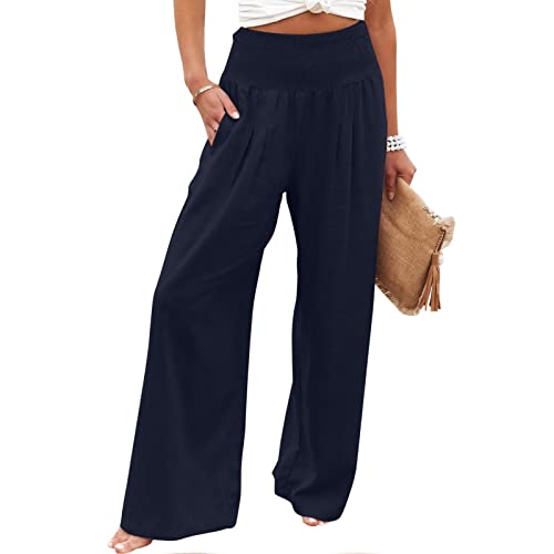 Awrvia Jogginghose Damen Sommer Leinenhose Elastische Taille Bequeme Freizeithose mit Weitem Bein und Taschen Strandhose High Waist Stoffhose Lang Leichter Yogahose Einfarbiges Sporthosen von Awrvia