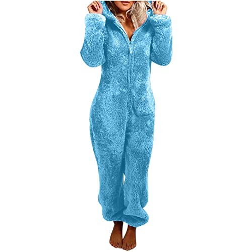 Awrvia Jumpsuit Damen Elegant Onesie Teddy Fleece Einteiler Onesie Schlafanzug Winter Große Größe Overall Kuschelig Lang Pyjama Flauschig Weich Hausanzug mit 3D Kapuze Reißverschluss Schlafoverall von Awrvia