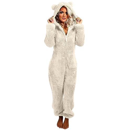 Awrvia Jumpsuit Damen Große Größe Overall Teddy Fleece Einteiler Onesie Lang Bequemer Pyjama Flauschig Plüsch Hausanzug Anzug Warm Schlafanzug Flauschig und Kuschelig Hooded mit Ohren Loungewear von Awrvia