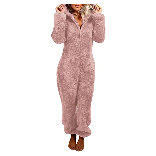 Awrvia Jumpsuit Damen Winter Overall Teddy Fleece Einteiler Onesie Warm Elegant Schlafanzug Kuschelig Lang Pyjama Flauschig Weich Hausanzug mit Kapuze Reißverschluss Schlafoverall Lässig Homewear von Awrvia