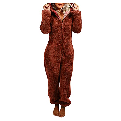 Awrvia Jumpsuit Damen Winter Overall Teddy Fleece Einteiler Onesie Warm Elegant Schlafanzug Kuschelig Lang Pyjama Flauschig Weich Hausanzug mit Kapuze Reißverschluss Schlafoverall Lässig Homewear von Awrvia