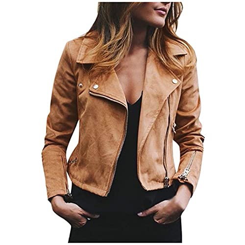 Awrvia Kunstlederjacke Damen Motorrad Oversized Jacke klassisch Bikerjacke Elegant Retro Lederjacke Reißverschluss Mantel Kurz Leicht Übergangsjacke Vegan Mode Windjacke Outdoor Mantel von Awrvia