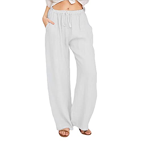 Awrvia Leinenhose Damen Sommer Freizeit Hose Lang Locker Sommerhose Casual Einfarbig Leinenhose Baumwolle Gerades Bein Bequeme Stoffhose Leicht Einfarbig Strandhose mit Kordelzug und Taschen von Awrvia