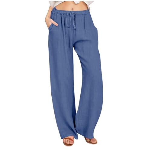 Awrvia Leinenhose Damen Sommer Freizeit Hose Lang Locker Sommerhose Casual Einfarbig Stoffhose Baumwolle Gerades Bein Jogginghose Bequeme Traininghose Leicht Strandhose mit Kordelzug und Taschen von Awrvia