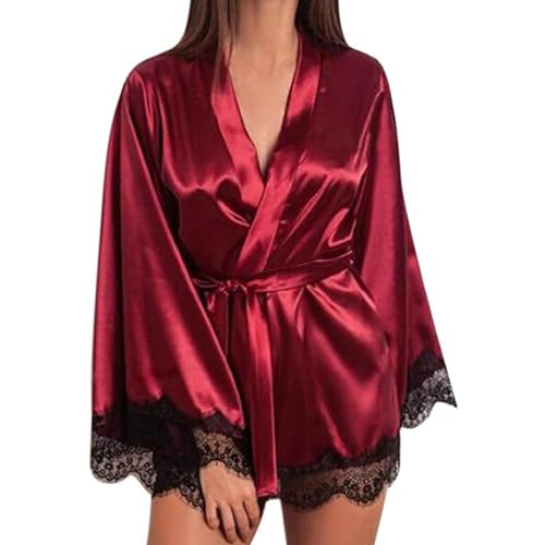 Awrvia Pyjama Damen Sexy Schlafanzug Satin Elegant Nachtwäsche Kurz Spitzen Hausanzug Dessous Negligee 4 teiliges Loungewear Einfarbig Sleepwear Slim Fit Nachtwäsche Set V-Ausschnitt Hemdpyjama von Awrvia