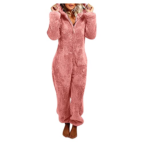 Awrvia Schlafanzug Damen Winter Onesie Einfarbig Langarm Jumpsuit Einteiler Pyjama Plüsch Hausanzug Flauschig Loungewear Übergang Hoodie Mode Dicker Wintermantel Leichte Kuschelig Schlafoverall von Awrvia