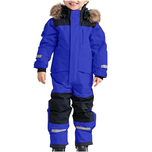 Awrvia Schneeanzug Kinder Warmes Daunenjacke Set Wasserdichter Winter Skijacke Softshell Dickere Skihose Fellkragenkapuze Winddichter Skianzug Reflektierenden Streifen Schneeoverall (120, 03-blau) von Awrvia