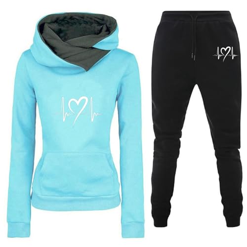 Awrvia Trainingsanzug Damen 2-Teilig Set Heartbeat Druck Hoodies Lockere Modische Jogginghosen Y2K Hose Zweiteiler Sportlich Pullover Lässig Sporthosen 2 Stück Freizeitanzug Lang Kapuzenjacke von Awrvia