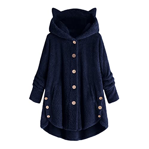 Winterjacke Damen Lang Teddyjacke Outdoor Kawaii Cardigan mit Kapuze und Knopf Hoodie Einfarbig Hochwertige PlüSchjacke Oversize Warm Kapuzenpullover Sweatshirt Mode Lammwoll Parka Mantel von Awrvia