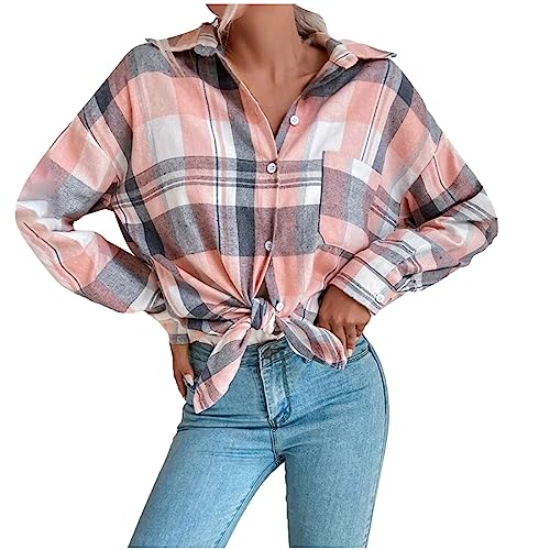 Karierte Bluse Damen Klassisch Karohemd Flanell Bluse Langarm Knopfleiste Baumwolle Hemd Bluse Casual Weich Shirt Schickes Vintage Trachtenhemd Sportlich Übergang Jacken Lang Mantel von Awrvia