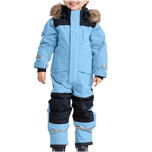 Schneeanzug Kinder Warmes Daunenjacke Set Wasserdichter Winter Skijacke Softshell Dickere Skihose Fellkragenkapuze Winddichter Skianzug Reflektierenden Streifen Schneeoverall (130, 03-hellblau) von Awrvia