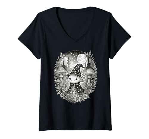 Damen Cute Cottagecore Aesthetic Axolotl Wizard T-Shirt mit V-Ausschnitt Damen Cute Cottagecore Aesthetic Axolotl Wizard T-Shirt mit V-Ausschnitt von Axolotl Wizard Fantasy Apparel