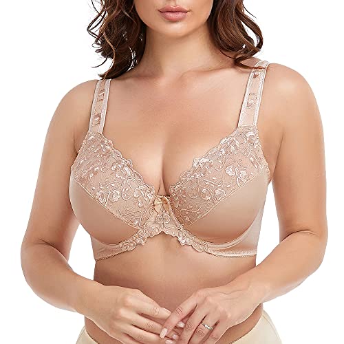 Ayigedu Damen Bügel-BH nicht gepolsterte florale Spitze Übergröße volle Abdeckung Minimizer, beige, 105DD von Ayigedu