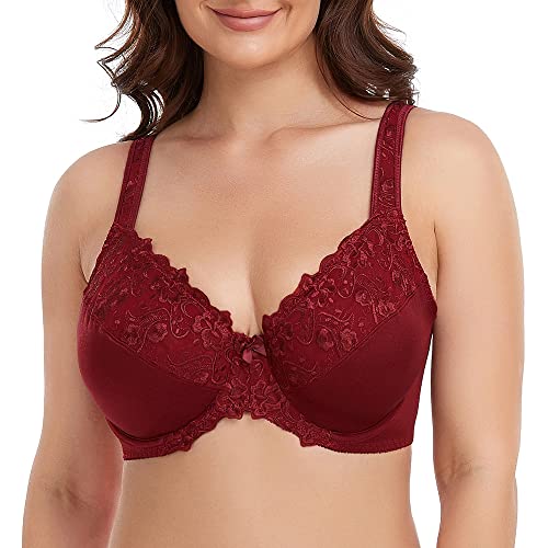 Ayigedu Damen Bügel-BH nicht wattiert Floral Lace Plus Size Full Coverage Minimizer, weinrot, 95G von Ayigedu