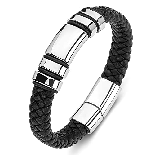 Ayoiow Armband Jungen, Edelstahl Armreifen Armbänder Männer Leder Schwarz Geflochten Armband von Ayoiow