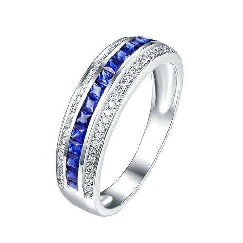 Ayoiow Ring für Frauen Weißgold 18 Ring Damen Verlobung Kanal Set Prinzessin Form 0.59ct Blau Saphir Ring 0.16ct Damenring Steinchen Ringe Blau Weißgold von Ayoiow