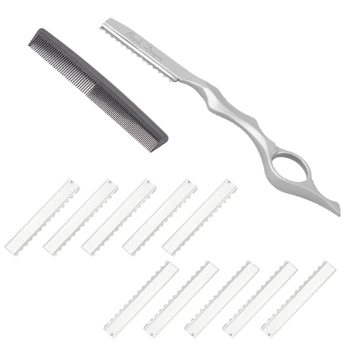 Haar Styling Rasiermesser, Friseurkamm Styling Razor Thinning Shaper Friseur Styling Messer Haarstyling-Set: Friseur-Rasiermesser mit 10 Klingen & Styling-Kamm für Haarschnitt, Pony-Styling Haar Styling Rasiermesser, Friseurkamm Styling Razor Thinning Shaper Friseur Styling Messer Haarstyling-Set: Friseur-Rasiermesser mit 10 Klingen & Styling-Kamm für Haarschnitt, Pony-Styling von Azonelife