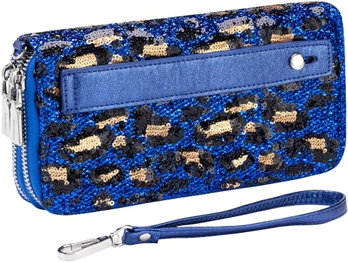 B BRENTANO Geldbörse aus veganem Leder mit doppeltem Reißverschluss und Handschlaufe, SQ LEOPARD BLAU, RFID-blockierende Geldbörse mit Handgriff und abnehmbarem Riemen von B BRENTANO