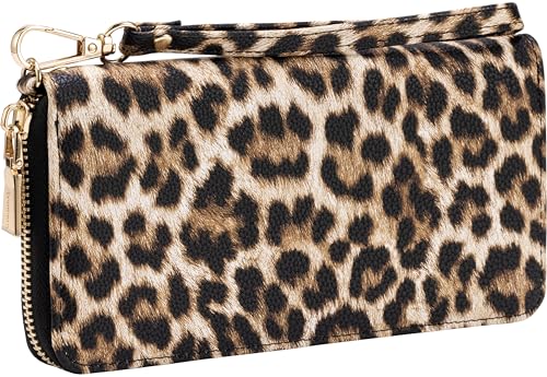 Brentano Geldbörse aus veganem Leder, schmaler Reißverschluss, Chevron-Stickerei, abnehmbare Handschlaufe, NN LEOPARD, Wristlet von B BRENTANO