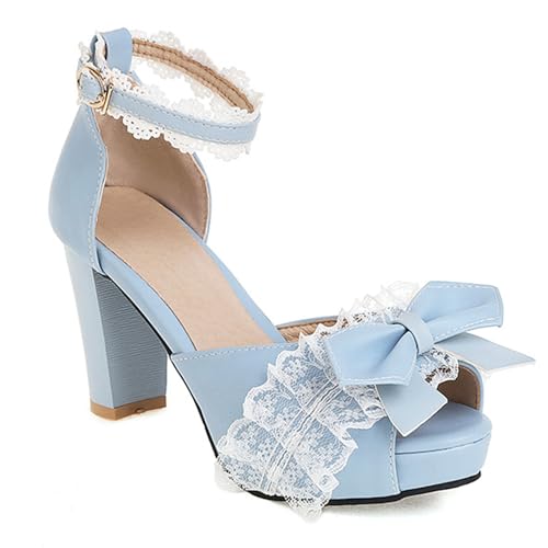 BAADCUP Damen Offen Toe Spitze Pumps Heels Süße Bogen Lolita Prinzessin Schuhe Schnall Blockabsatz Sandalen 8.5cm Cute Schuh (Himmelblau,40), WYP0177 von BAADCUP