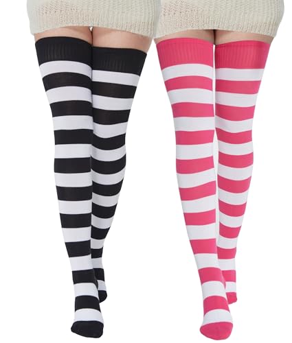 BABAHU Extra lange Overknee-Socken für Damen, Baumwolle, gestreift, Schwarz/Weiß & Fuchsia/Weiß, One size von BABAHU