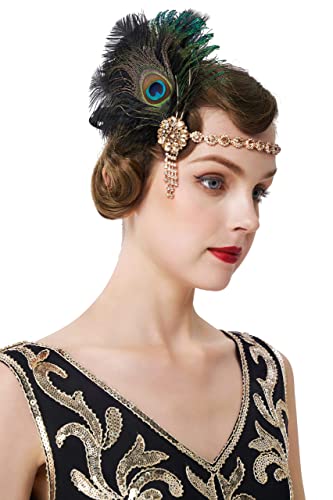 BABEYOND 1920s Stirnband Pfau Feder Damen 20er Jahre Stil Flapper Charleston Haarband Great Gatsby Damen Fasching Kostüm Accessoires Schwarz Gold von BABEYOND