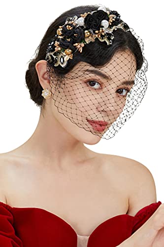 BABEYOND Damen 1920s Haarreif Elegant Blumen Muster Hochzeit Braut Fascinator Schleier Cocktail Party Stirnband Damen Halloween Fasching Kostüm Accessoires (Schwarz) von BABEYOND