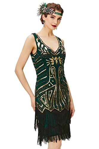 BABEYOND Damen-Charleston-Kleid, 1920er-Jahre, V-Ausschnitt, Great-Gatsby-Kleid mit Perlen, Fransen, Gold & Dunkelgrün, XXX-Large von BABEYOND