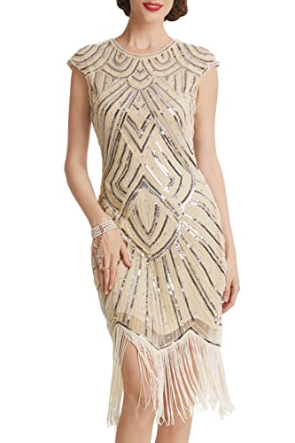 BABEYOND Damen Kleid voller Pailletten 20er Stil Runder Ausschnitt Inspiriert von Great Gatsby Kostüm Kleid (Beige Strass, XXXL (Fits 96-100 cm Waist)) von BABEYOND