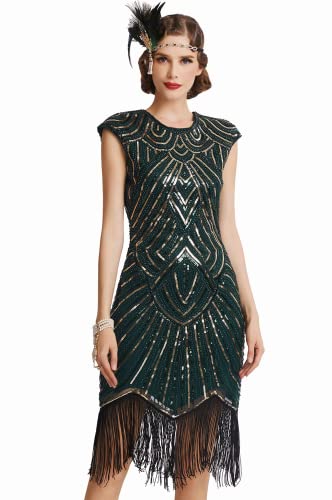 BABEYOND Damen Kleid voller Pailletten 20er Stil Runder Ausschnitt Inspiriert von Great Gatsby Kostüm Kleid (Dunkelgrün Gold, S (Fits 74-80 cm Waist)) von BABEYOND