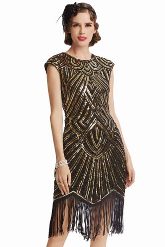 BABEYOND Damen Kleid voller Pailletten 20er Stil Runder Ausschnitt Inspiriert von Great Gatsby Kostüm Kleid (Gold und Schwarz, XXXL (Fits 96-100 cm Waist)) von BABEYOND