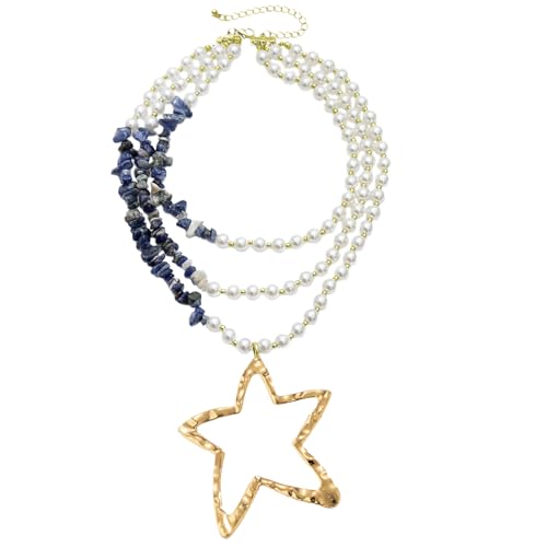 BABYVIVA Halsketten für Frauen, stilvolle mehrschichtige Halskette mit Sternanhänger, Perlen, Schlüsselbeinkette, Accessoire für modebewusste Frauen, 38+7cm Star 9.5cm, Imitationsperle + Legierung von BABYVIVA