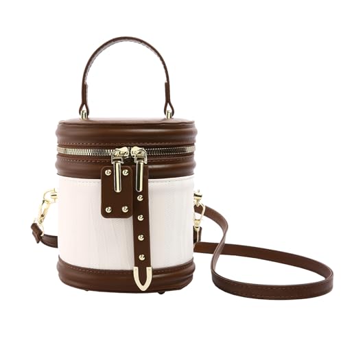 BABYVIVA Tasche für Damen, PU-Leder, zylindrisch, Schultertasche, Umhängetasche, Vintage, Eimer-Handtasche mit doppeltem Metall-Reißverschluss oben, braun, As shown in the picture (error 1-3cm) von BABYVIVA