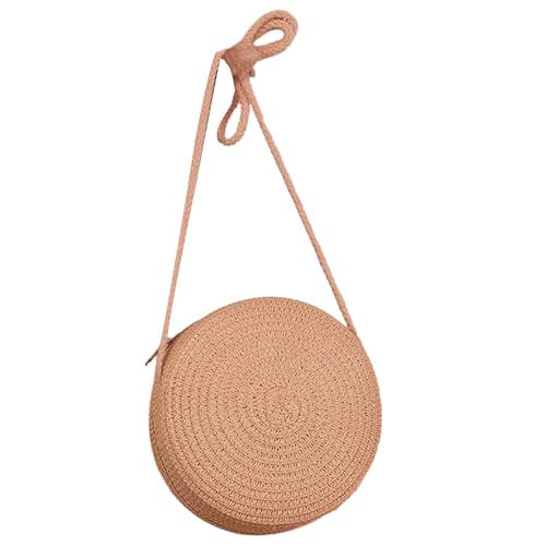 BABYVIVA Tasche für Damen, handgewebte Strohtasche für Damen, Mädchen, Urlaub, Strandtasche, einfarbig, Umhängetasche, rund, Crossbody-Tasche für Handy, Make-up, Hautpuder, Diameter 16.5cm von BABYVIVA