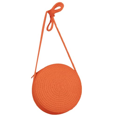 BABYVIVA Tasche für Damen, handgewebte Strohtasche für Damen, Mädchen, Urlaub, Strandtasche, einfarbig, Umhängetasche, rund, Crossbody-Tasche für Handy, Make-up, Orange, Diameter 16.5cm von BABYVIVA