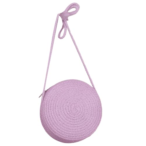 BABYVIVA Tasche für Damen, handgewebte Strohtasche für Damen, Mädchen, Urlaub, Strandtasche, einfarbig, Umhängetasche, rund, Crossbody-Tasche für Handy, Make-up, violett, Diameter 16.5cm von BABYVIVA