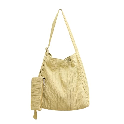 BABYVIVA Tasche für Damen, koreanischer Stil, lässige Canvas-Eimertasche mit kleiner Tasche, plissiert, gestreift, Umhängetasche, große Kapazität, Umhängetasche, gelb, As shown in the picture (error von BABYVIVA